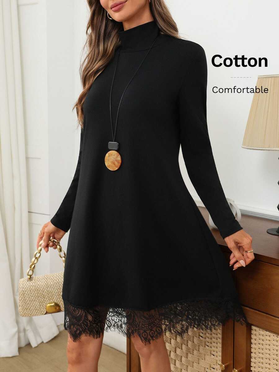 EMERY ROSE Women's French Lace Patchwork Long Sleeve Dress For Dating - Black - View 1