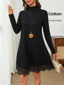 EMERY ROSE Women's French Lace Patchwork Long Sleeve Dress For Dating - Black - View 7
