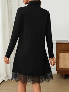 EMERY ROSE Women's French Lace Patchwork Long Sleeve Dress For Dating - Black - View 2