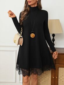 EMERY ROSE Women's French Lace Patchwork Long Sleeve Dress For Dating - Black - View 6