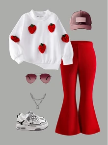 Elladie kids YOUNG GIRLS Spring Fall Cute 3D Strawberry Applique Long Sleeve Sweatshirt & Red Ribbed Flare Pants 2Pcs Casual Outfit Set Fall Clothes - Red - View 5