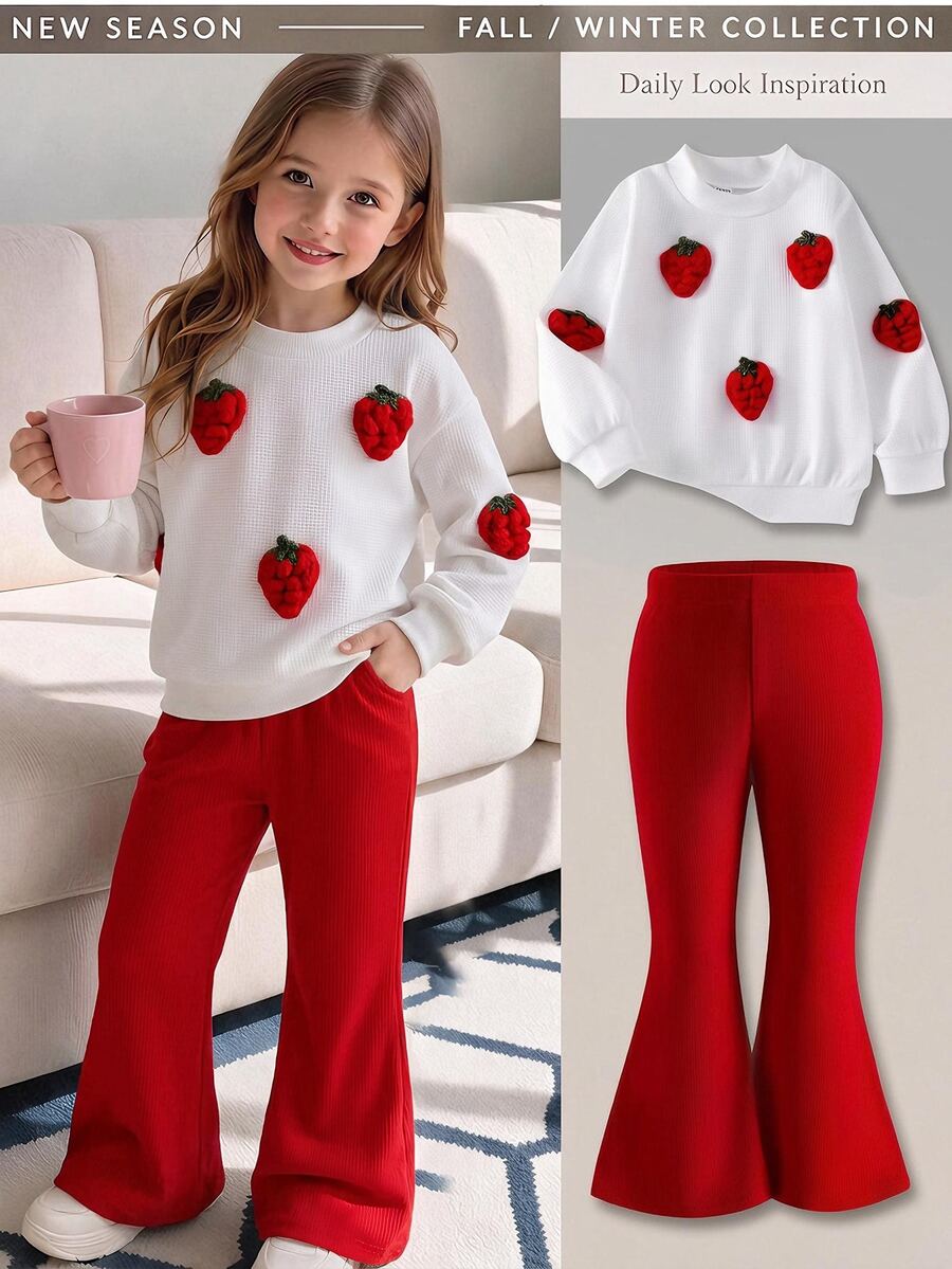 Elladie kids YOUNG GIRLS Spring Fall Cute 3D Strawberry Applique Long Sleeve Sweatshirt & Red Ribbed Flare Pants 2Pcs Casual Outfit Set Fall Clothes