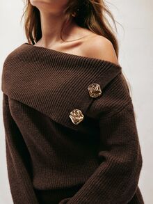 SHEIN Sweater Dress Slim Off-Shoulder Ribbed Knit Lapel Side Metal Buttons High Waist Elegant Modern Brown Coffee Solid Fall Clothes For Women Thanksgiving - Coffee Brown - View 1