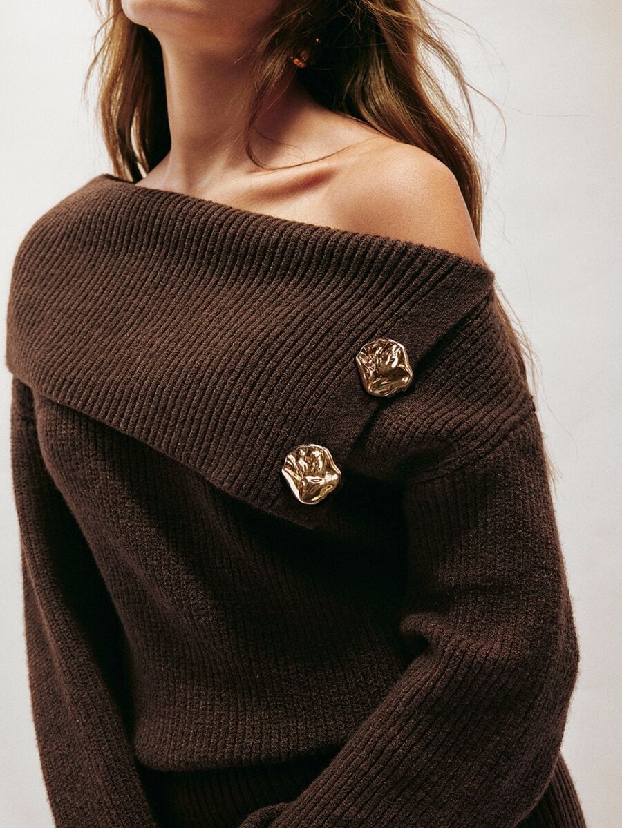 SHEIN Sweater Dress Slim Off-Shoulder Ribbed Knit Lapel Side Metal Buttons High Waist Elegant Modern Brown Coffee Solid Fall Clothes For Women Thanksgiving - Coffee Brown - View 1