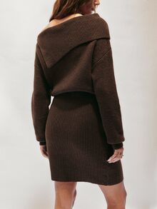 SHEIN Sweater Dress Slim Off-Shoulder Ribbed Knit Lapel Side Metal Buttons High Waist Elegant Modern Brown Coffee Solid Fall Clothes For Women Thanksgiving - Coffee Brown - View 3