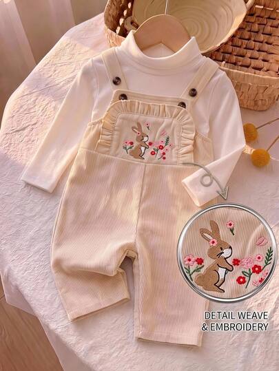 SHEIN Baby Girl Apricot Thick Corduroy Fabric Ruffle Edge Cute Rabbit Embroidery Pattern Adjustable Shoulder Strap Overalls Suitable For Autumn/Winter