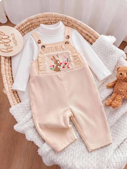 SHEIN Baby Girl Apricot Thick Corduroy Fabric Ruffle Edge Cute Rabbit Embroidery Pattern Adjustable Shoulder Strap Overalls Suitable For Autumn/Winter