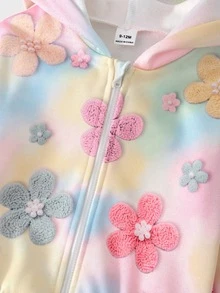 1套女嬰彩色花卉印花拉鍊連帽外套與寬腿長褲，適合秋冬穿著 - 彩色 - 查看 6