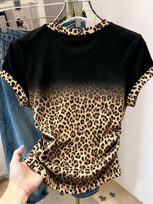 Resyla Women's T-Shirt, Summer Outing Top, Classic Black Khaki Gradient Leopard Print Pattern, Bow Print Pattern Style, Graphic Design, Waist-Cinching Design, Casual Versatile, Comfortable Fabric - Multicolor - View 2