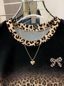 Resyla Women's T-Shirt, Summer Outing Top, Classic Black Khaki Gradient Leopard Print Pattern, Bow Print Pattern Style, Graphic Design, Waist-Cinching Design, Casual Versatile, Comfortable Fabric - Multicolor - View 4