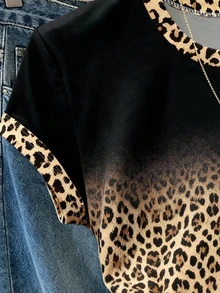 Resyla Women's T-Shirt, Summer Outing Top, Classic Black Khaki Gradient Leopard Print Pattern, Bow Print Pattern Style, Graphic Design, Waist-Cinching Design, Casual Versatile, Comfortable Fabric - Multicolor - View 3