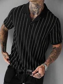 Manfinity Homme Men's Plus Size Summer Casual Striped Polo Shirt - Black - View 1