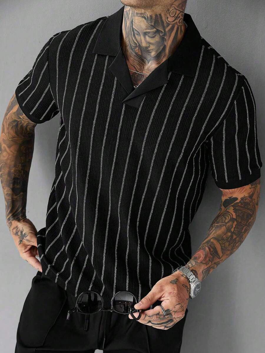 Manfinity Homme Men's Plus Size Summer Casual Striped Polo Shirt - Black - View 1