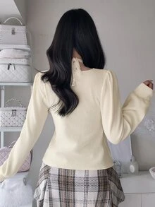 FRIFUL Women's Sweet Versatile Lace Patchwork Pleated T-Shirt Long Sleeve Tops - Beige - View 5
