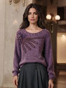 Anewsta French Autumn/Winter High-End Fashion Design Elegant Sophisticated Evening Style Heavy Beaded & Rhinestone Embellished Floral Stamen Sweater - Violet Purple - View 5
