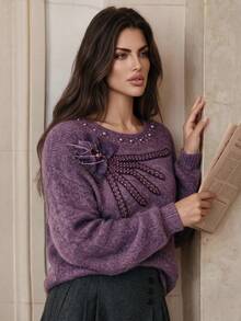 Anewsta French Autumn/Winter High-End Fashion Design Elegant Sophisticated Evening Style Heavy Beaded & Rhinestone Embellished Floral Stamen Sweater - Violet Purple - View 3