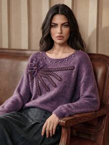 Anewsta French Autumn/Winter High-End Fashion Design Elegant Sophisticated Evening Style Heavy Beaded & Rhinestone Embellished Floral Stamen Sweater - Violet Purple - View 2