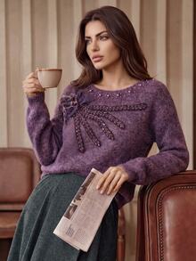 Anewsta French Autumn/Winter High-End Fashion Design Elegant Sophisticated Evening Style Heavy Beaded & Rhinestone Embellished Floral Stamen Sweater - Violet Purple - View 4