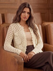 Anewsta Cardigan Rajut Putih Elegan untuk Wanita, Sweater Warna Polos untuk Musim Gugur, Cocok untuk Pesta Kebun Romantis - Aprikot - View 6
