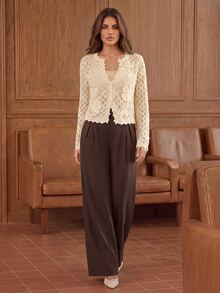 Anewsta Cardigan Rajut Putih Elegan untuk Wanita, Sweater Warna Polos untuk Musim Gugur, Cocok untuk Pesta Kebun Romantis - Aprikot - View 3
