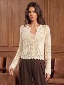 Anewsta Cardigan Rajut Putih Elegan untuk Wanita, Sweater Warna Polos untuk Musim Gugur, Cocok untuk Pesta Kebun Romantis - Aprikot - View 4