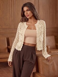 Anewsta Cardigan Rajut Putih Elegan untuk Wanita, Sweater Warna Polos untuk Musim Gugur, Cocok untuk Pesta Kebun Romantis - Aprikot - View 2