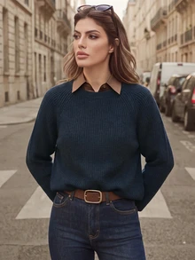 Anewsta Women's French Minimalist Style Knit Sweater, Versatile Commuter Work Pullover Top, Autumn/Winter - Army Green - View 3