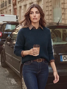 Anewsta Women's French Minimalist Style Knit Sweater, Versatile Commuter Work Pullover Top, Autumn/Winter - Army Green - View 2