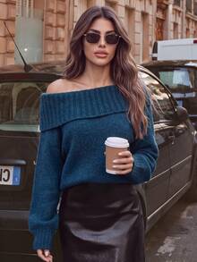 Anewsta Women's Solid Color Asymmetrical Shoulder Casual Daily Long Sleeve Sweater - Blue - View 4