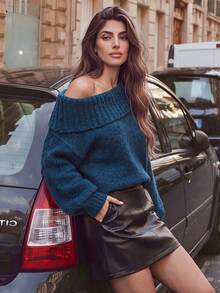 Anewsta Women's Solid Color Asymmetrical Shoulder Casual Daily Long Sleeve Sweater - Blue - View 1
