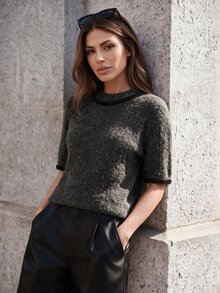 Anewsta Women's Round Neck Casual Knit Short Sleeve Pullover Top - Grey - View 5