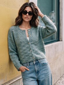 Anewsta Cardigan Rajut Biru Tosca Elegan untuk Wanita Musim Gugur/Dingin, Cardigan Campuran Gaya Prancis untuk Acara Kantor, Makan Siang, Perjalanan Pulang Pergi, dan Jalan-jalan. - MultiWarna - View 5