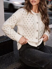Anewsta Women's Rhinestone Decorated Single-Breasted Knit Cardigan - Apricot - View 6
