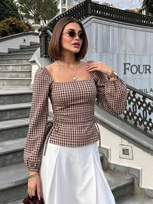 SHEIN PariChic 法式復古鄉村風格紋方領長袖T恤，Ins博主熱愛，秋季美式復古B Brunch棕色格紋 - 棕色 - 查看 6