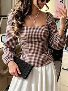 SHEIN PariChic 法式復古鄉村風格紋方領長袖T恤，Ins博主熱愛，秋季美式復古B Brunch棕色格紋 - 棕色 - 查看 3