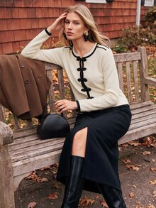 Anewsta New Chinese Style Butterfly Frog Button Contrast Trim Knit Cardigan Women Vintage Round Neck Short Shoulder Patch Long Sleeve Sweater Jacket - White - View 1