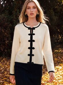 Anewsta New Chinese Style Butterfly Frog Button Contrast Trim Knit Cardigan Women Vintage Round Neck Short Shoulder Patch Long Sleeve Sweater Jacket - White - View 6