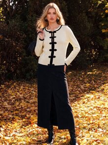 Anewsta New Chinese Style Butterfly Frog Button Contrast Trim Knit Cardigan Women Vintage Round Neck Short Shoulder Patch Long Sleeve Sweater Jacket - White - View 7