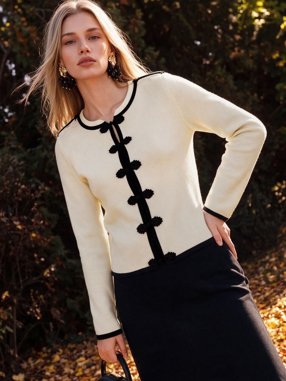 New Chinese Style Butterfly Frog Button Contrast Trim Knit Cardigan Women Vintage Round Neck Short Shoulder Patch Long Sleeve Sweater Jacket