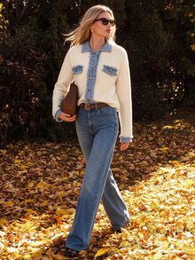 Anewsta Women's Autumn/Winter Knitted Cardigan With Denim Effect Lapel Patchwork Design, Commuter Sweater Jacket - White - View 5