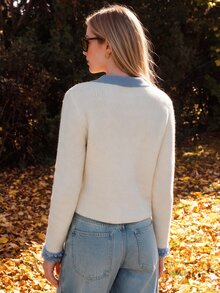 Anewsta Women's Autumn/Winter Knitted Cardigan With Denim Effect Lapel Patchwork Design, Commuter Sweater Jacket - White - View 6