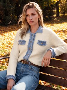 Anewsta Women's Autumn/Winter Knitted Cardigan With Denim Effect Lapel Patchwork Design, Commuter Sweater Jacket - White - View 7
