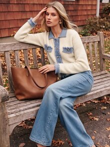 Anewsta Women's Autumn/Winter Knitted Cardigan With Denim Effect Lapel Patchwork Design, Commuter Sweater Jacket - White - View 2