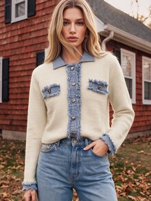 Anewsta Women's Autumn/Winter Knitted Cardigan With Denim Effect Lapel Patchwork Design, Commuter Sweater Jacket - White - View 1