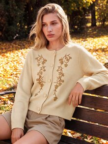 Anewsta Cardigan Rajut Wanita Elegan Gaya Prancis Musim Gugur dengan Hiasan Manik-Manik Bordir, Cocok untuk Kantor atau Makan Siang Santai, Warna Beige - Unta - View 5