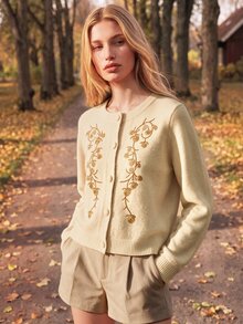 Anewsta Cardigan Rajut Wanita Elegan Gaya Prancis Musim Gugur dengan Hiasan Manik-Manik Bordir, Cocok untuk Kantor atau Makan Siang Santai, Warna Beige - Unta - View 4