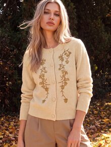 Anewsta Cardigan Rajut Wanita Elegan Gaya Prancis Musim Gugur dengan Hiasan Manik-Manik Bordir, Cocok untuk Kantor atau Makan Siang Santai, Warna Beige - Unta - View 3