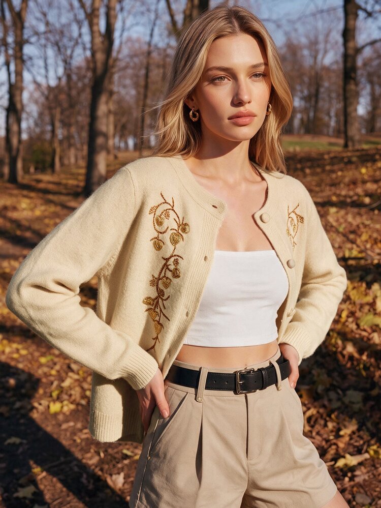 Anewsta Cardigan Rajut Wanita Elegan Gaya Prancis Musim Gugur dengan Hiasan Manik-Manik Bordir, Cocok untuk Kantor atau Makan Siang Santai, Warna Beige - Unta - View 6