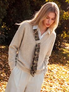 Anewsta Floral Pattern Drop Shoulder Sweater - Khaki - View 1