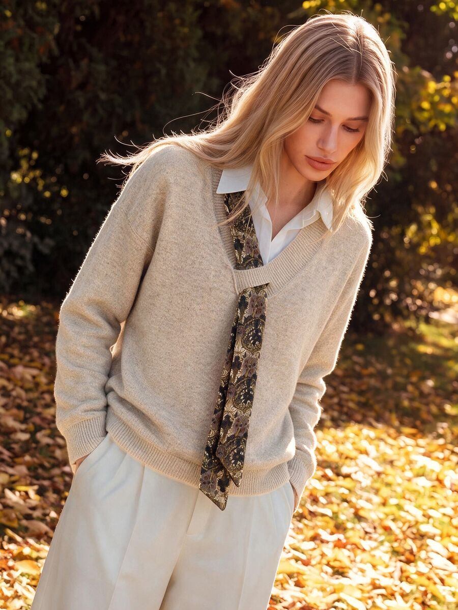Anewsta Floral Pattern Drop Shoulder Sweater - Khaki - View 1